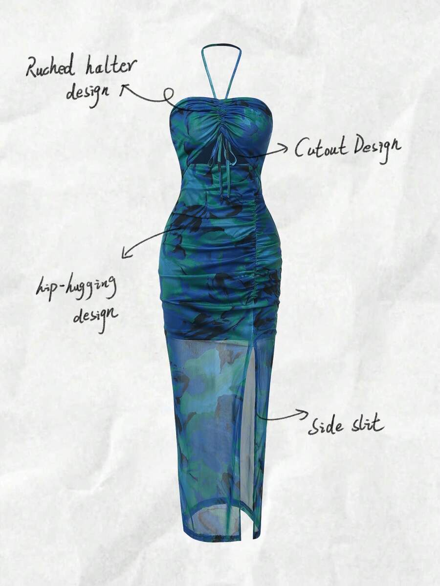 Halter Neck Pleated Mesh Print - Maxi Dress Halter avaliação e preço
